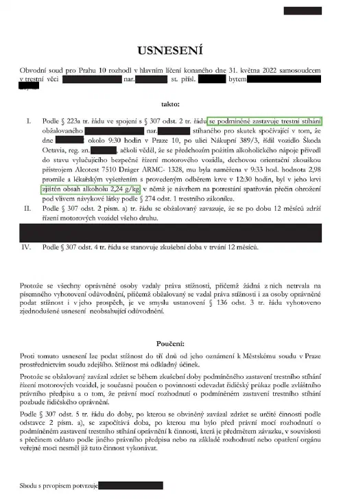 Anonymizované rozhodnutí, Alkohol za volantem, 2,98 ‰: Stíhání podmíněně zastaveno