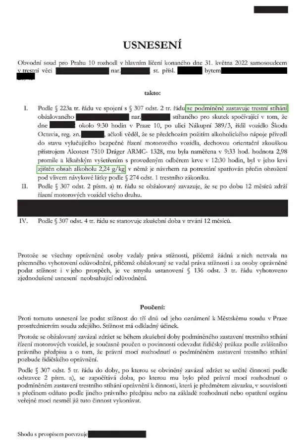 Anonymizované rozhodnutí, Alkohol za volantem, 2,98 ‰: Stíhání podmíněně zastaveno