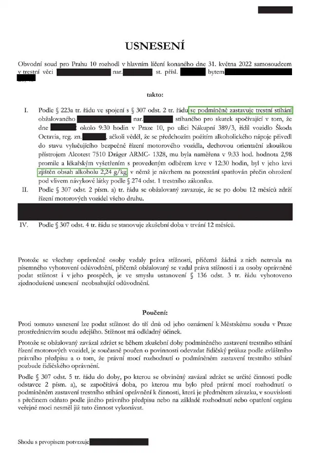 Anonymizované rozhodnutí, Alkohol za volantem, 2,98 ‰: Stíhání podmíněně zastaveno