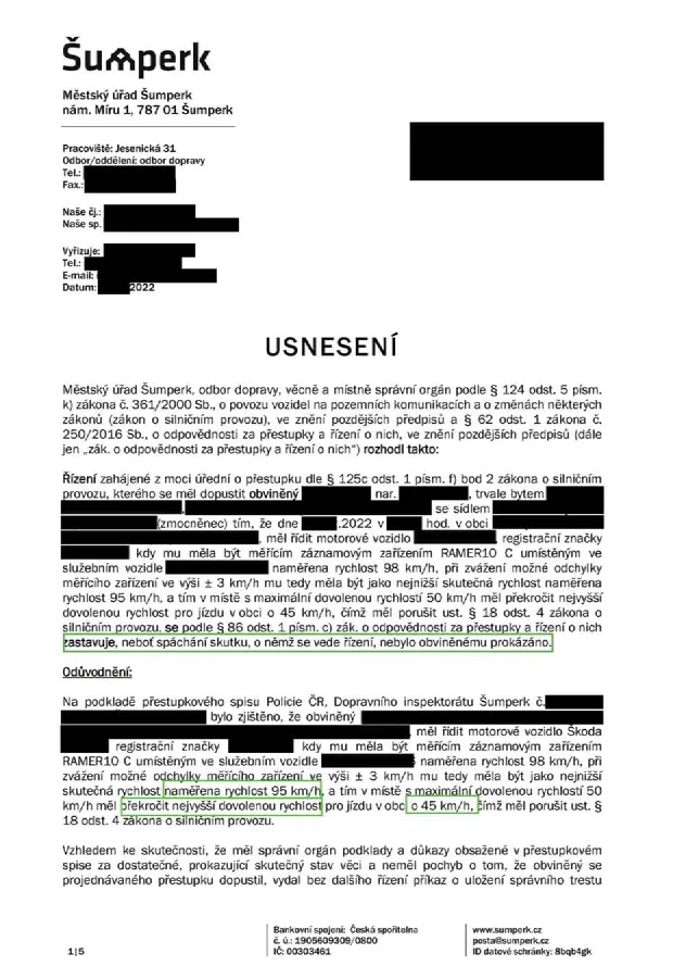Anonymizované rozhodnutí, Překročení rychlosti v obci o 45 km/h: Řízení zastaveno