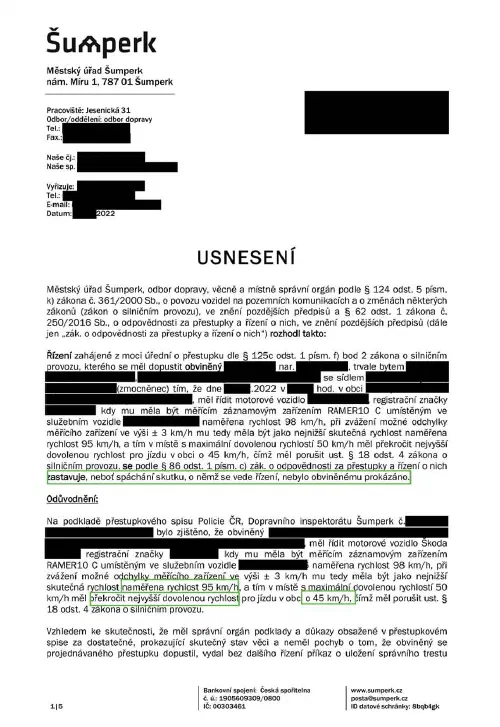 Anonymizované rozhodnutí, Překročení rychlosti v obci o 45 km/h: Řízení zastaveno