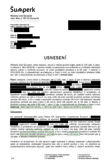 Anonymizované rozhodnutí, Překročení rychlosti v obci o 45 km/h