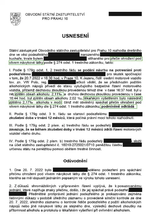 Anonymizované rozhodnutí, Alkohol za volantem, 2,17 ‰: Návrh podmíněně odložen