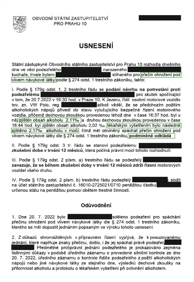 Anonymizované rozhodnutí, Alkohol za volantem, 2,17 ‰: Návrh podmíněně odložen