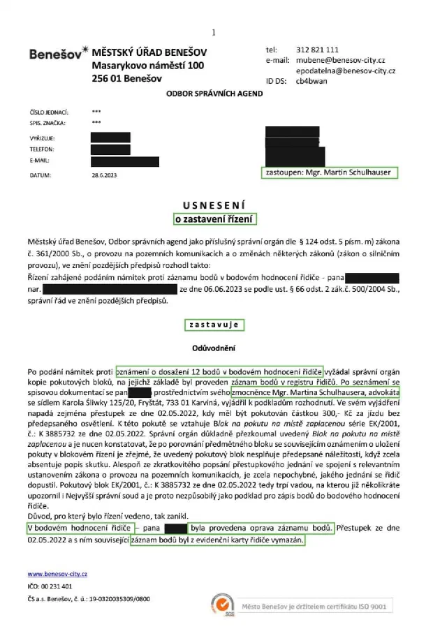 Anonymizované rozhodnutí, Námitky proti dosažení 12 bodů: Řízení zastaveno, body vymazány