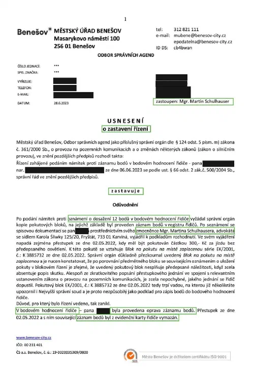 Anonymizované rozhodnutí, Námitky proti dosažení 12 bodů: Řízení zastaveno, body vymazány