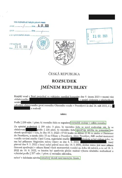 Anonymizované rozhodnutí, Řízení v zákazu činnosti: Zproštěn návrhu na potrestání