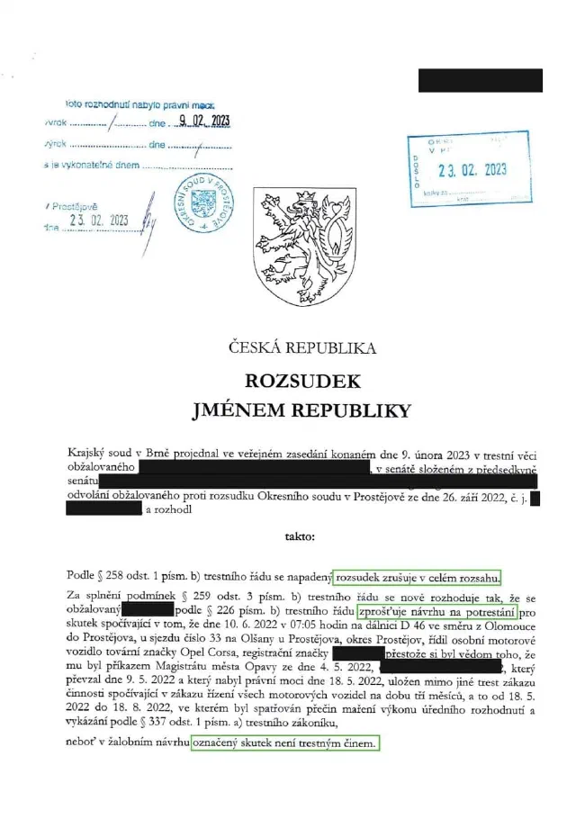 Anonymizované rozhodnutí, Řízení v zákazu činnosti: Zproštěn návrhu na potrestání