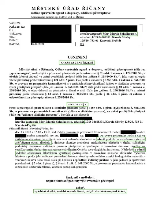 Anonymizované rozhodnutí, Odmítnutí dechové zkoušky i lékařského vyšetření: Řízení zastaveno