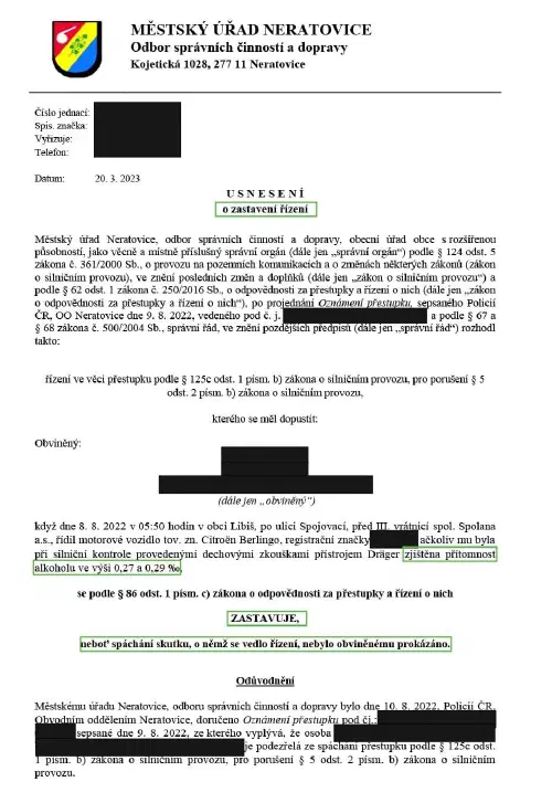 Anonymizované rozhodnutí, Alkohol za volantem, 0,29 ‰: Řízení zastaveno