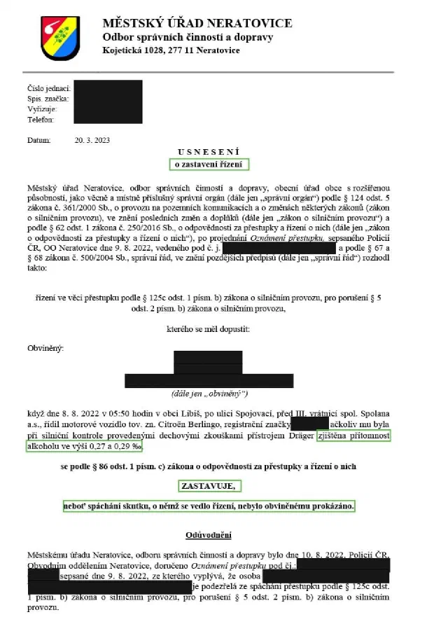 Anonymizované rozhodnutí, Alkohol za volantem, 0,29 ‰: Řízení zastaveno