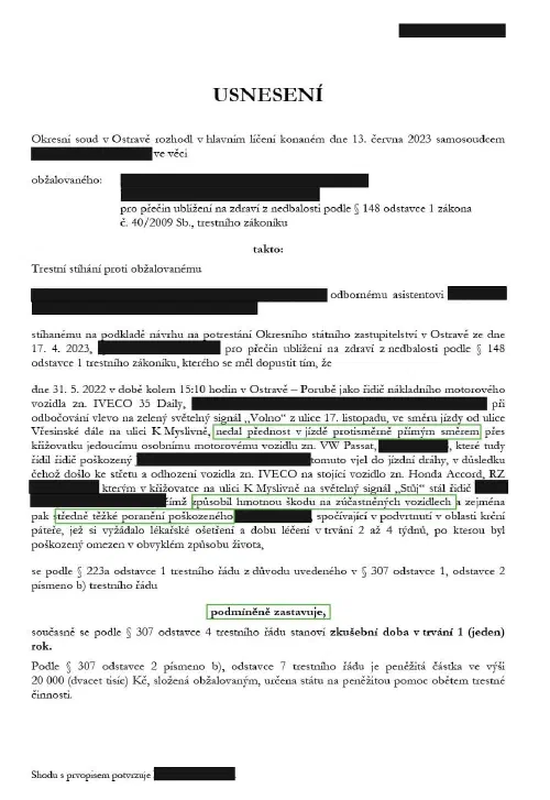 Anonymizované rozhodnutí, Ublížení na zdraví z nedbalosti: Stíhání podmíněně zastaveno