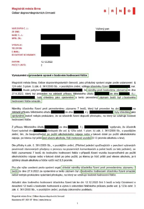 Anonymizované rozhodnutí, Alkohol 0,13 ‰, zapsáno 7 bodů: Body vymazány