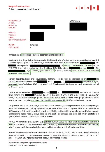 Anonymizované rozhodnutí, Alkohol 0,13 ‰, zapsáno 7 bodů