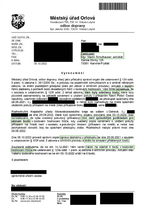 Anonymizované rozhodnutí, Chybný záznam v kartě řidiče: Body odečteny