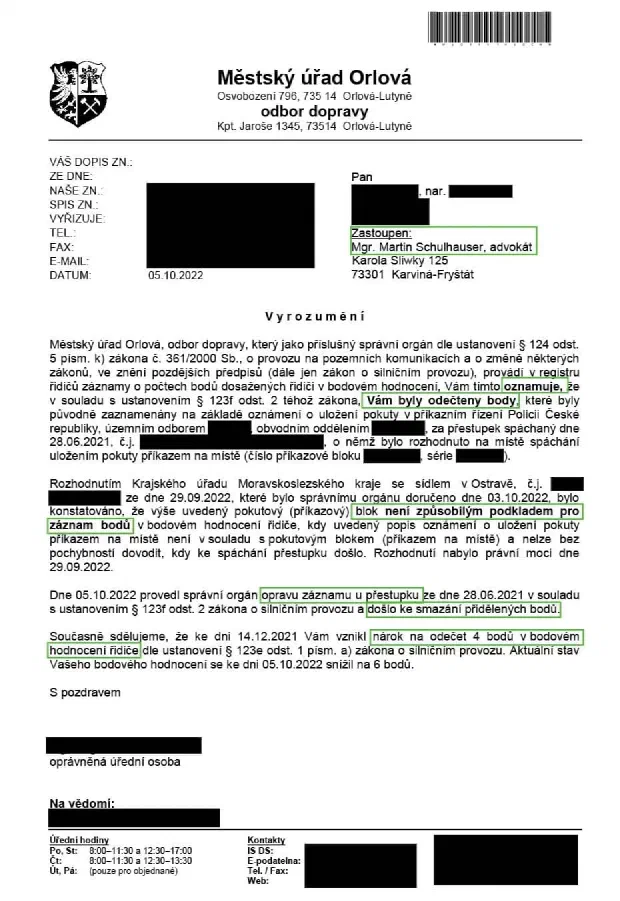 Anonymizované rozhodnutí, Chybný záznam v kartě řidiče: Body odečteny