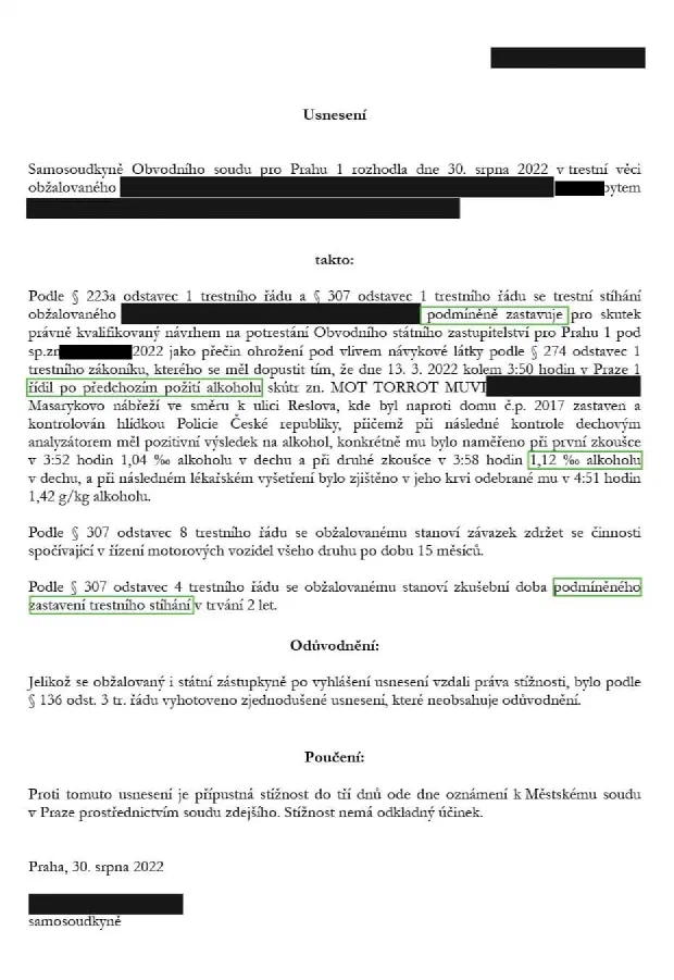 Anonymizované rozhodnutí, Alkohol za volantem, 1,42 ‰: Stíhání podmíněně zastaveno