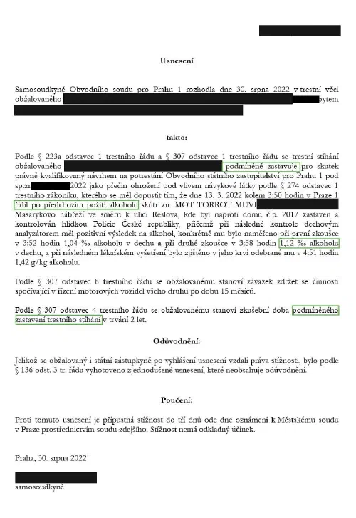 Anonymizované rozhodnutí, Alkohol za volantem, 1,42 ‰: Stíhání podmíněně zastaveno