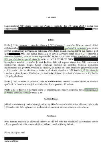 Anonymizované rozhodnutí, Alkohol za volantem, 1,42 ‰