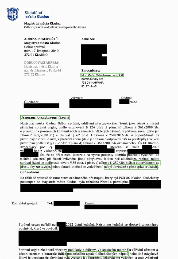 Anonymizované rozhodnutí, Odmítnutí testu na návykové látky: Řízení zastaveno