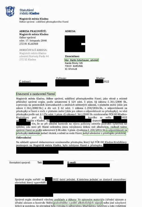 Anonymizované rozhodnutí, Odmítnutí testu na návykové látky: Řízení zastaveno