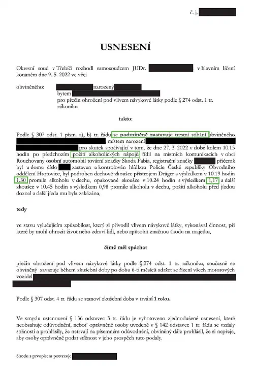Anonymizované rozhodnutí, Alkohol za volantem, 1,3 ‰: Stíhání podmíněně zastaveno