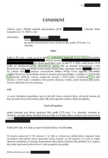 Anonymizované rozhodnutí, Alkohol za volantem, 1,3 ‰