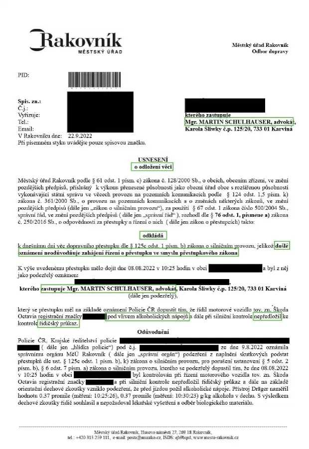 Anonymizované rozhodnutí, Alkohol za volantem, 0,37 ‰: Věc odložena