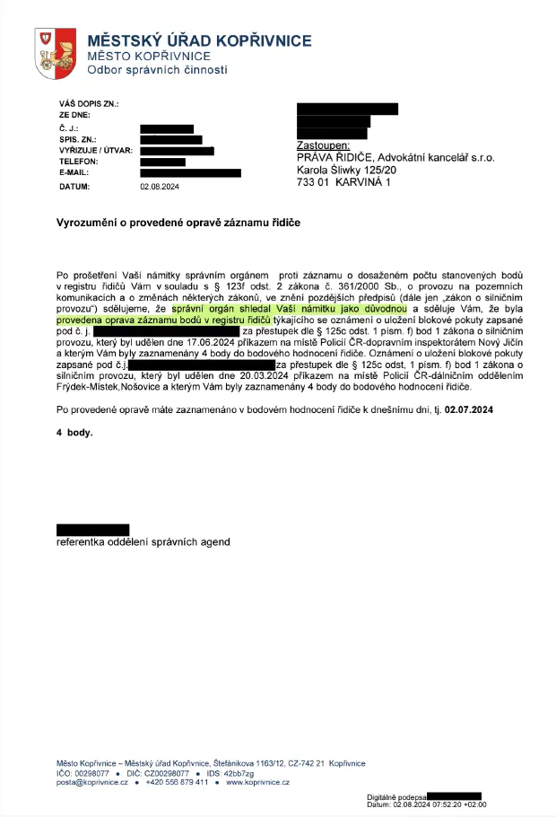 Anonymizované rozhodnutí, Dvě blokové pokuty zapsané do karty řidiče: Body vymazány