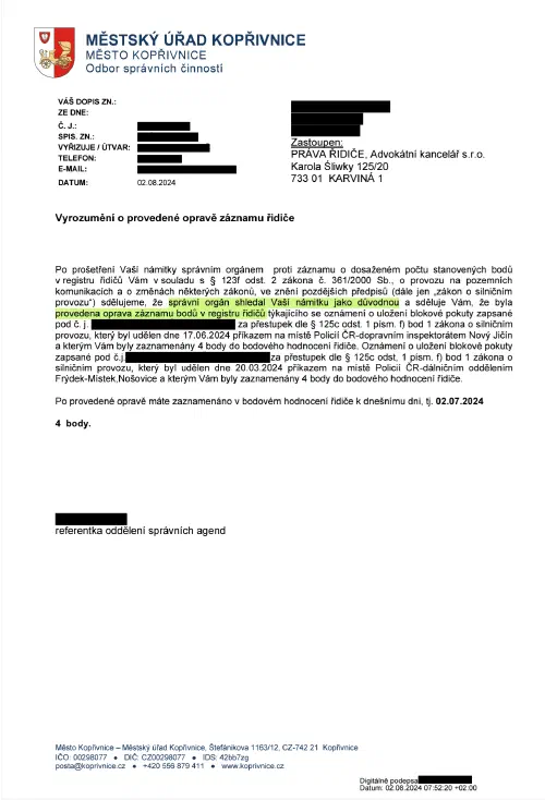 Anonymizované rozhodnutí, Dvě blokové pokuty zapsané do karty řidiče: Body vymazány