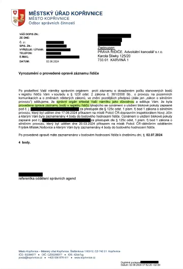 Anonymizované rozhodnutí, Dvě blokové pokuty zapsané do karty řidiče