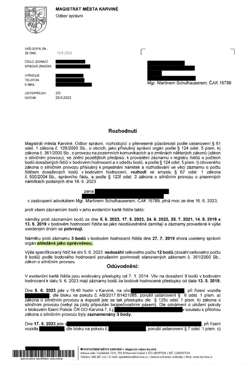 Anonymizované rozhodnutí, Námitky proti všem záznamům v kartě řidiče: Vybodování odvráceno
