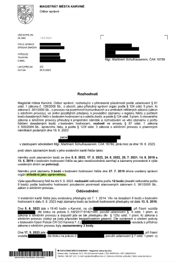 Anonymizované rozhodnutí, Námitky proti všem záznamům v kartě řidiče