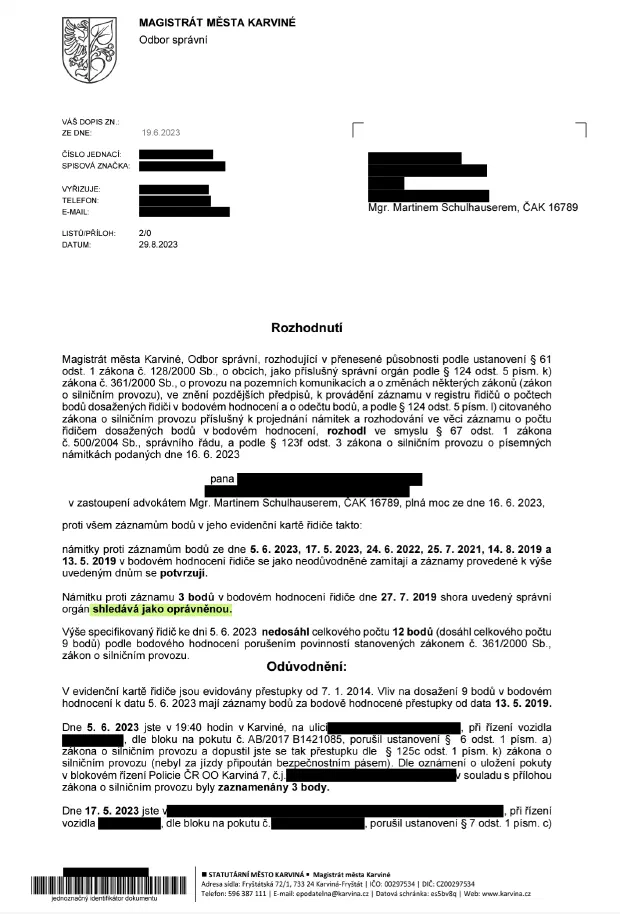 Anonymizované rozhodnutí, Námitky proti všem záznamům v kartě řidiče: Vybodování odvráceno