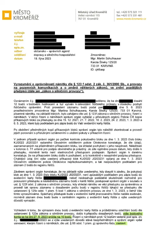 Anonymizované rozhodnutí, Výzva k odevzdání řidičáku po 12 bodech: Body vymazány