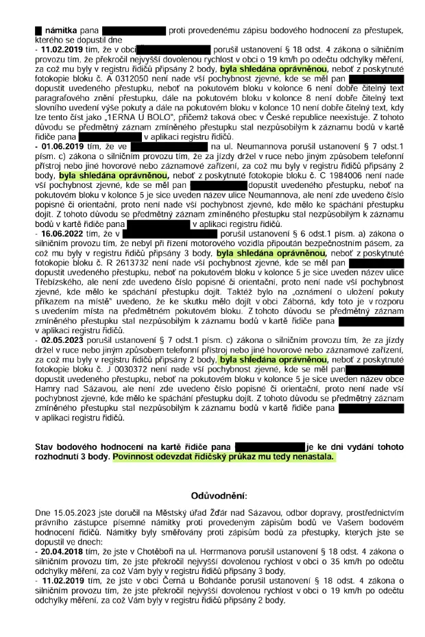 Anonymizované rozhodnutí, Čtyři sporné záznamy bodů najednou: Body vymazány