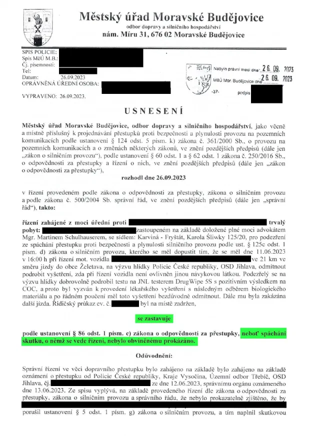 Anonymizované rozhodnutí, Pozitivní test na kokain, odmítnutý odběr: Řízení zastaveno