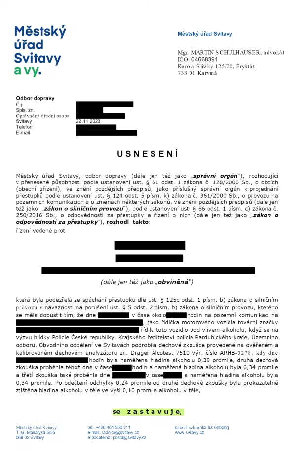 Anonymizované rozhodnutí, Alkohol za volantem, 0,39 ‰: Řízení zastaveno