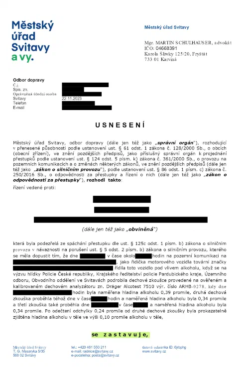 Anonymizované rozhodnutí, Alkohol za volantem, 0,39 ‰: Řízení zastaveno