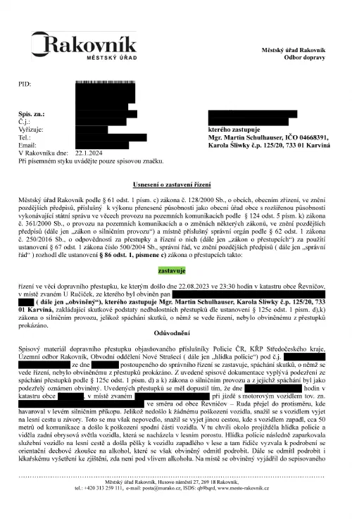 Anonymizované rozhodnutí, Odmítnutí testu na alkohol: Řízení zastaveno