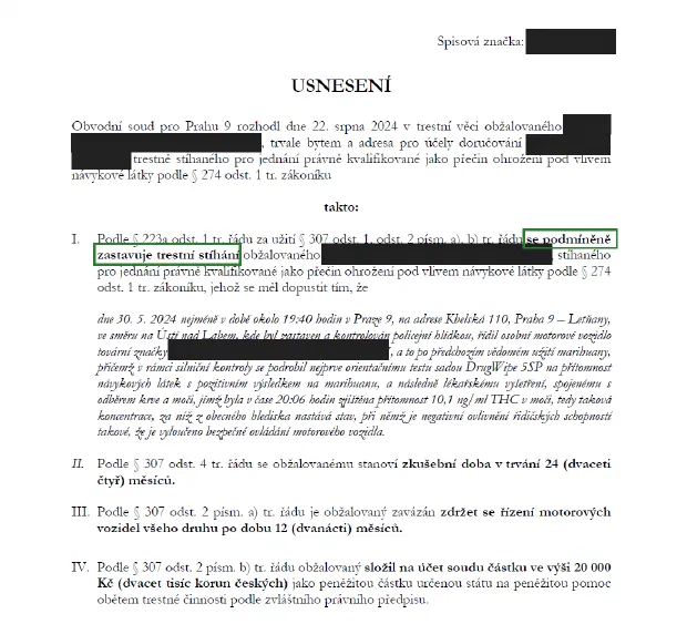 Anonymizované rozhodnutí, Marihuana za volantem: Stíhání podmíněně zastaveno