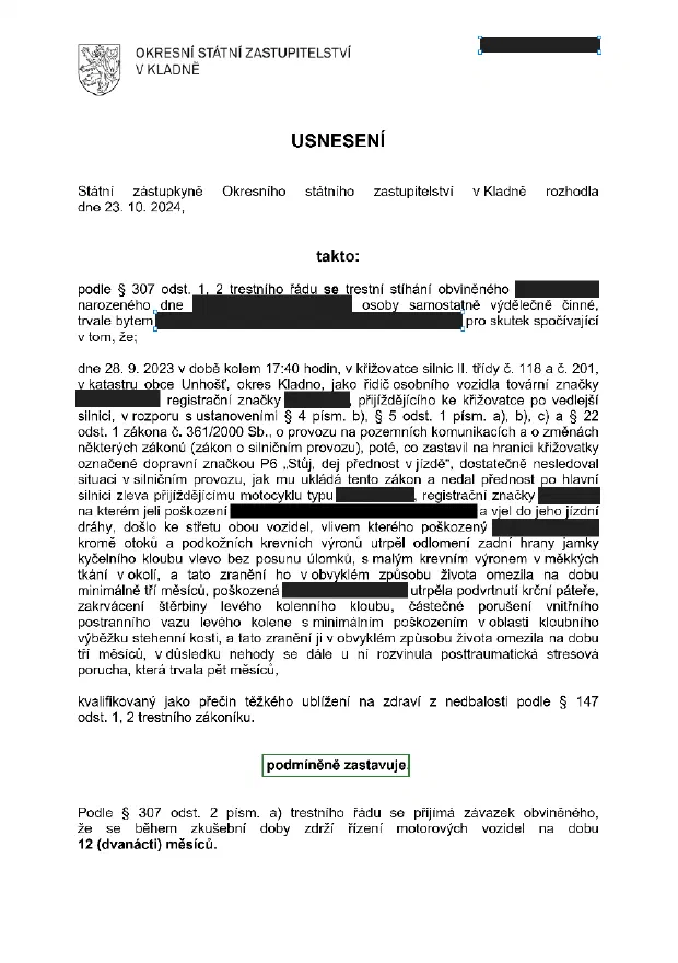 Anonymizované rozhodnutí, Nedání přednosti motocyklu: Stíhání podmíněně zastaveno