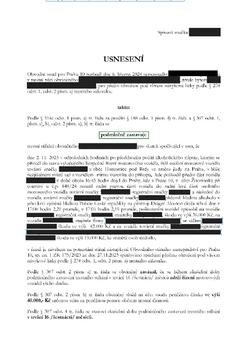 Anonymizované rozhodnutí, Alkohol za volantem, 2,21 ‰ a nehoda: Stíhání podmíněně zastaveno