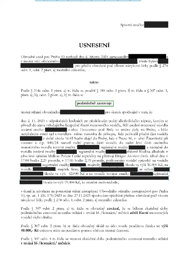 Anonymizované rozhodnutí, Alkohol za volantem, 2,21 ‰ a nehoda: Stíhání podmíněně zastaveno